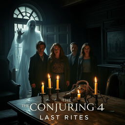 An eerie and atmospheric scene from 'The Conjuring 4: Last Rites (2025)', showcasing a chilling moment with a ghostly apparition beside it