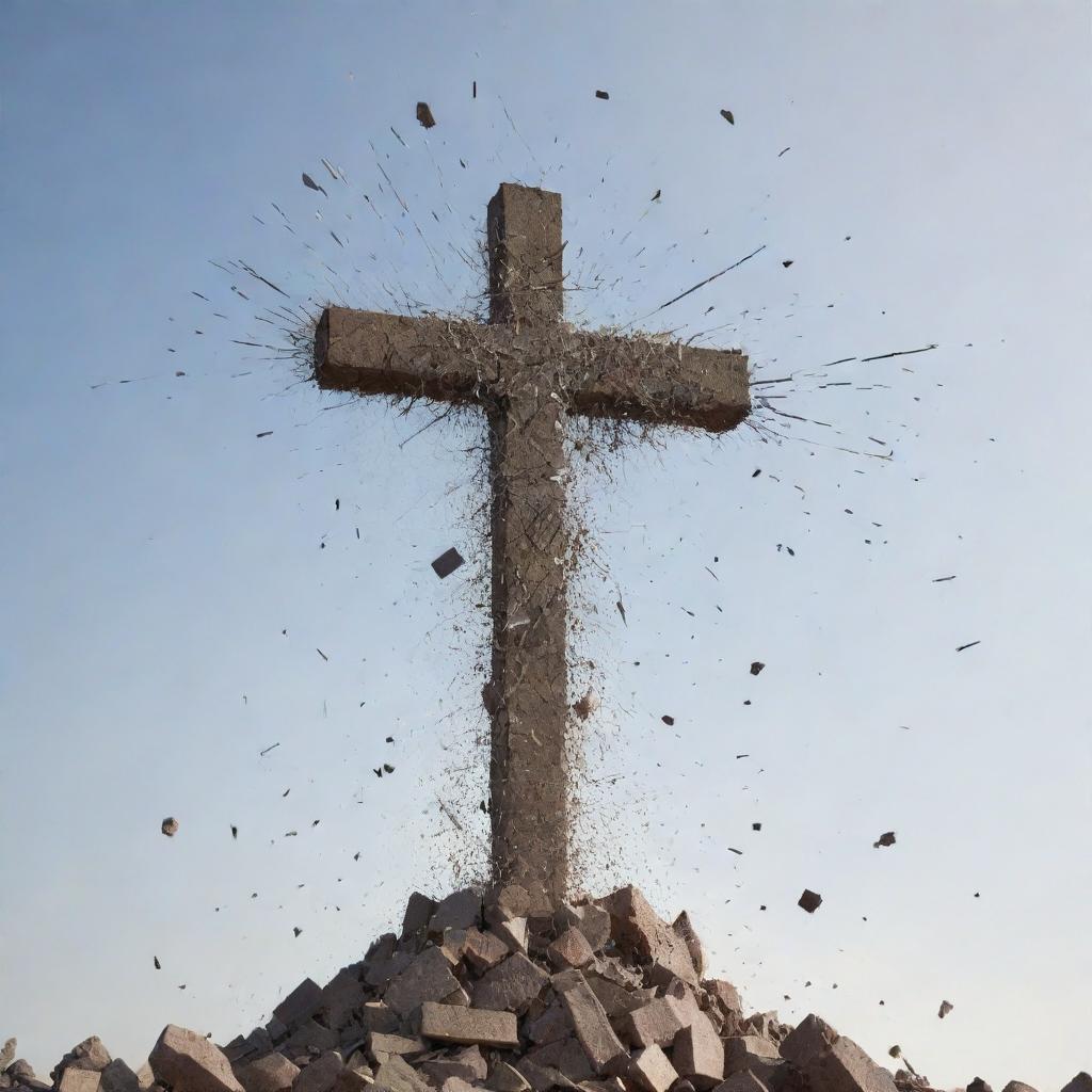 Generate an image of the cross being shattered into pieces, symbolising a significant, ritualistic act of change.