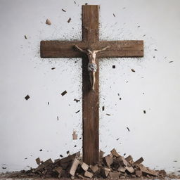 Generate an image of the cross being shattered into pieces, symbolising a significant, ritualistic act of change.