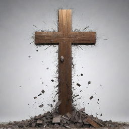 Generate an image of the cross being shattered into pieces, symbolising a significant, ritualistic act of change.