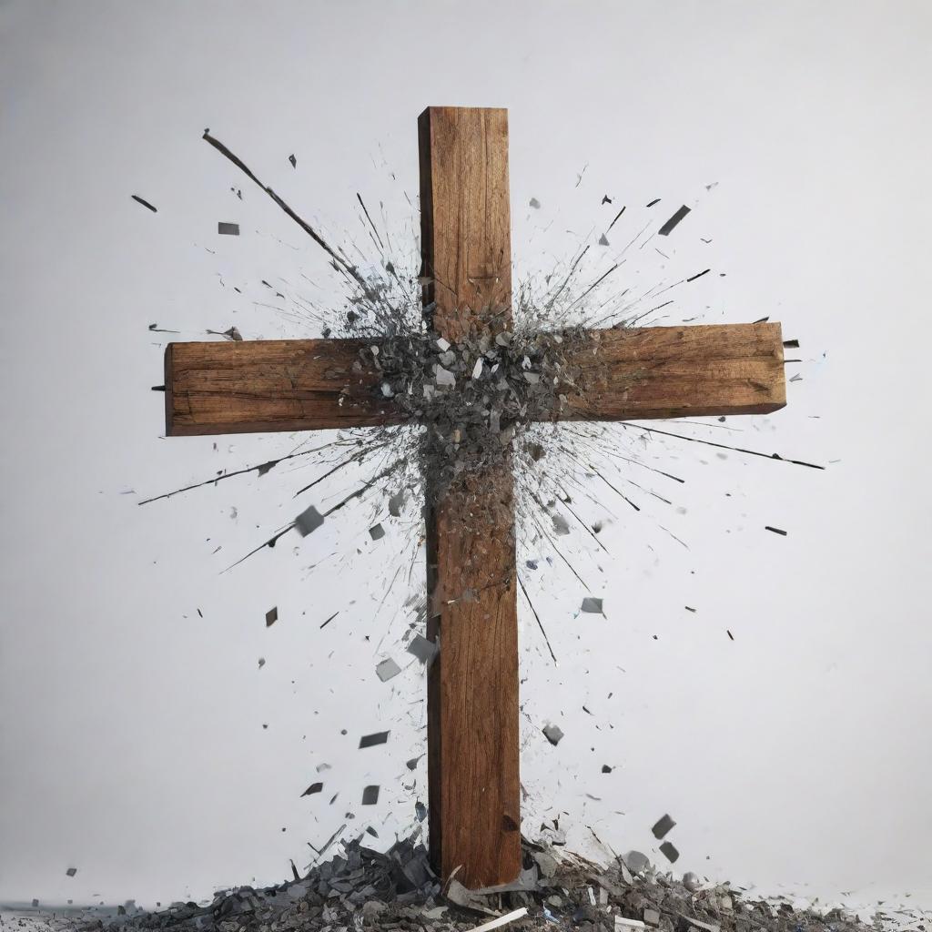 Generate an image of the cross being shattered into pieces, symbolising a significant, ritualistic act of change.