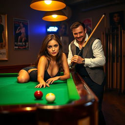 A seductive young woman in a stylish outfit, playfully leaning on a classic green felt pool table, her gaze captivating and flirtatious