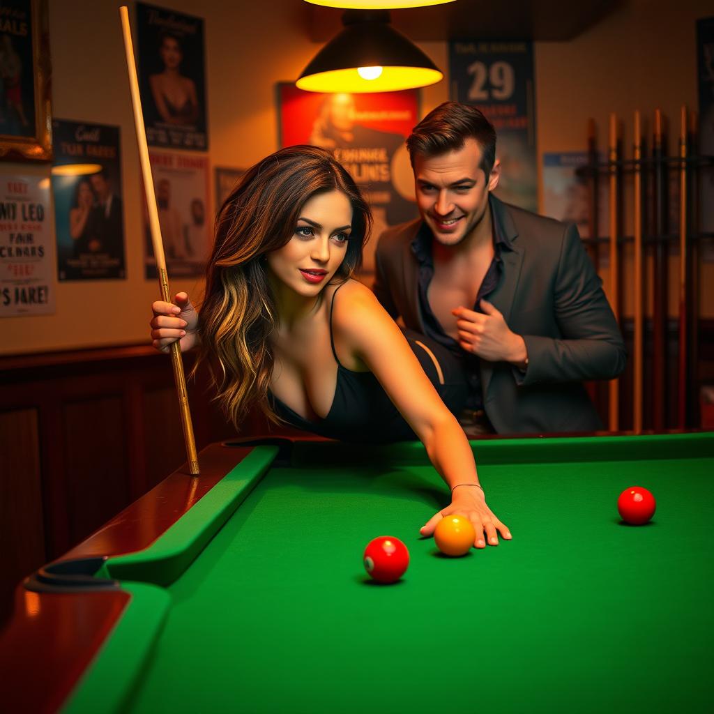 A seductive young woman in a stylish outfit, playfully leaning on a classic green felt pool table, her gaze captivating and flirtatious