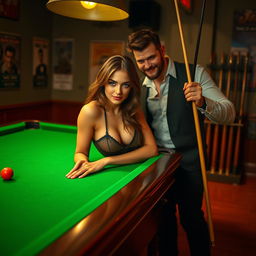 A seductive young woman in a stylish outfit, playfully leaning on a classic green felt pool table, her gaze captivating and flirtatious