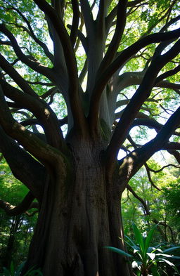 A majestic, large tree with an expansive canopy, featuring various branches extending in different directions