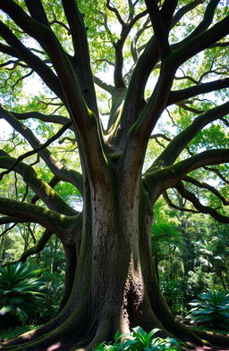 A majestic, large tree with an expansive canopy, featuring various branches extending in different directions