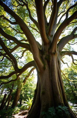 A majestic, large tree with an expansive canopy, featuring various branches extending in different directions