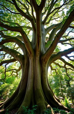 A majestic, large tree with an expansive canopy, featuring various branches extending in different directions