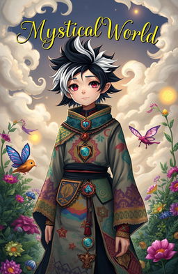 A boy with striking black and white hair, styled in a creative way, wearing intricately designed fantasy clothing made from colorful fabrics adorned with magical symbols