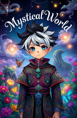 A boy with striking black and white hair, styled in a creative way, wearing intricately designed fantasy clothing made from colorful fabrics adorned with magical symbols