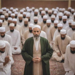 Generate an image of Prophet Isa leading a group of Muslims in prayer, symbolizing unity, leadership, and faith in the face of disruption.