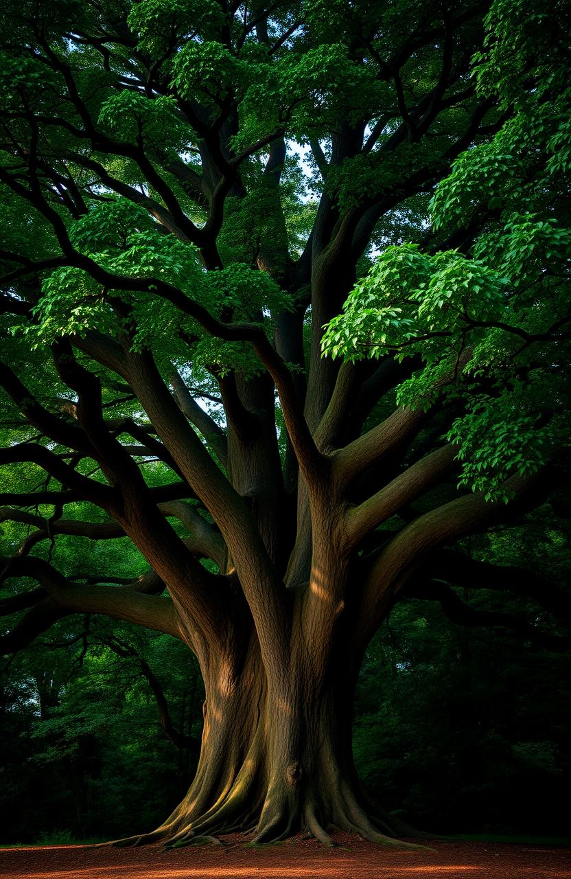 A large and majestic tree with a wide trunk and a multitude of thick branches stretching out in every direction