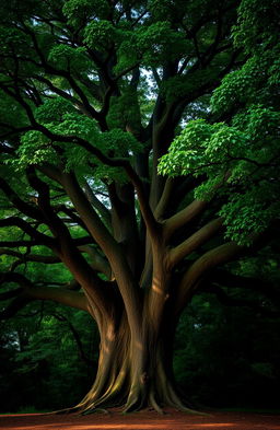 A large and majestic tree with a wide trunk and a multitude of thick branches stretching out in every direction