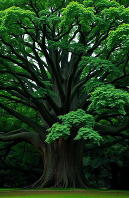 A large and majestic tree with a wide trunk and a multitude of thick branches stretching out in every direction