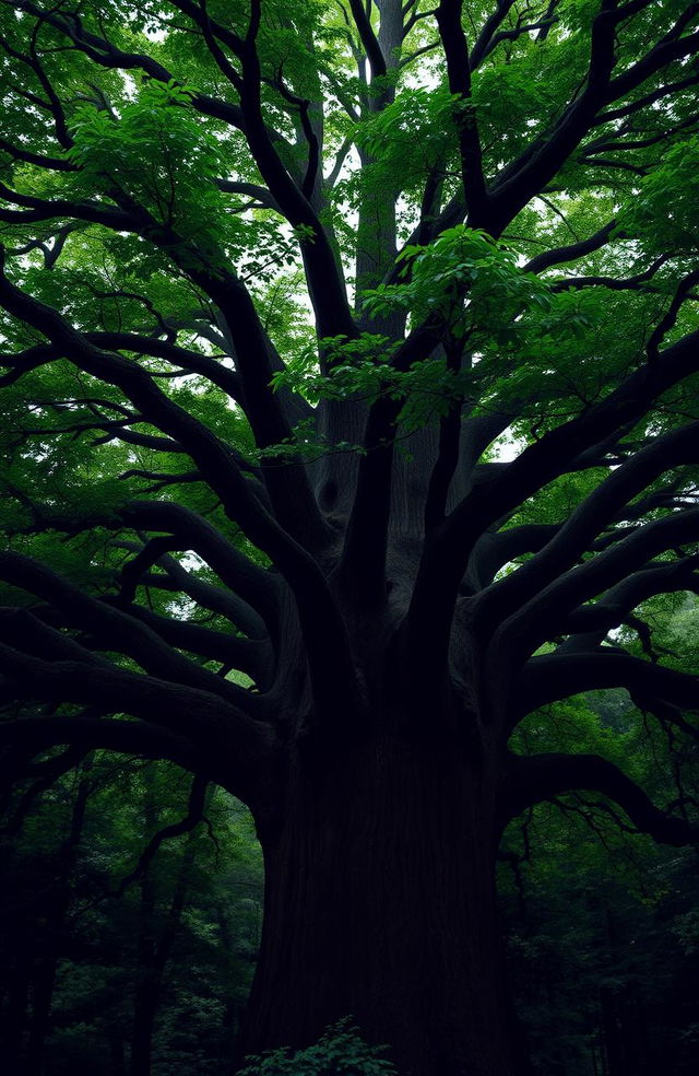 A large and majestic tree with a wide trunk and a multitude of thick branches stretching out in every direction