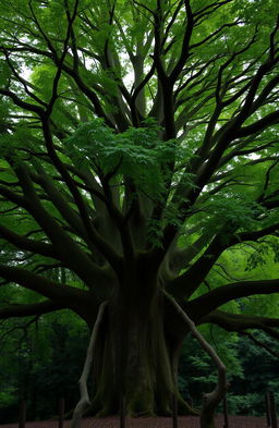 A large and majestic tree with a wide trunk and a multitude of thick branches stretching out in every direction