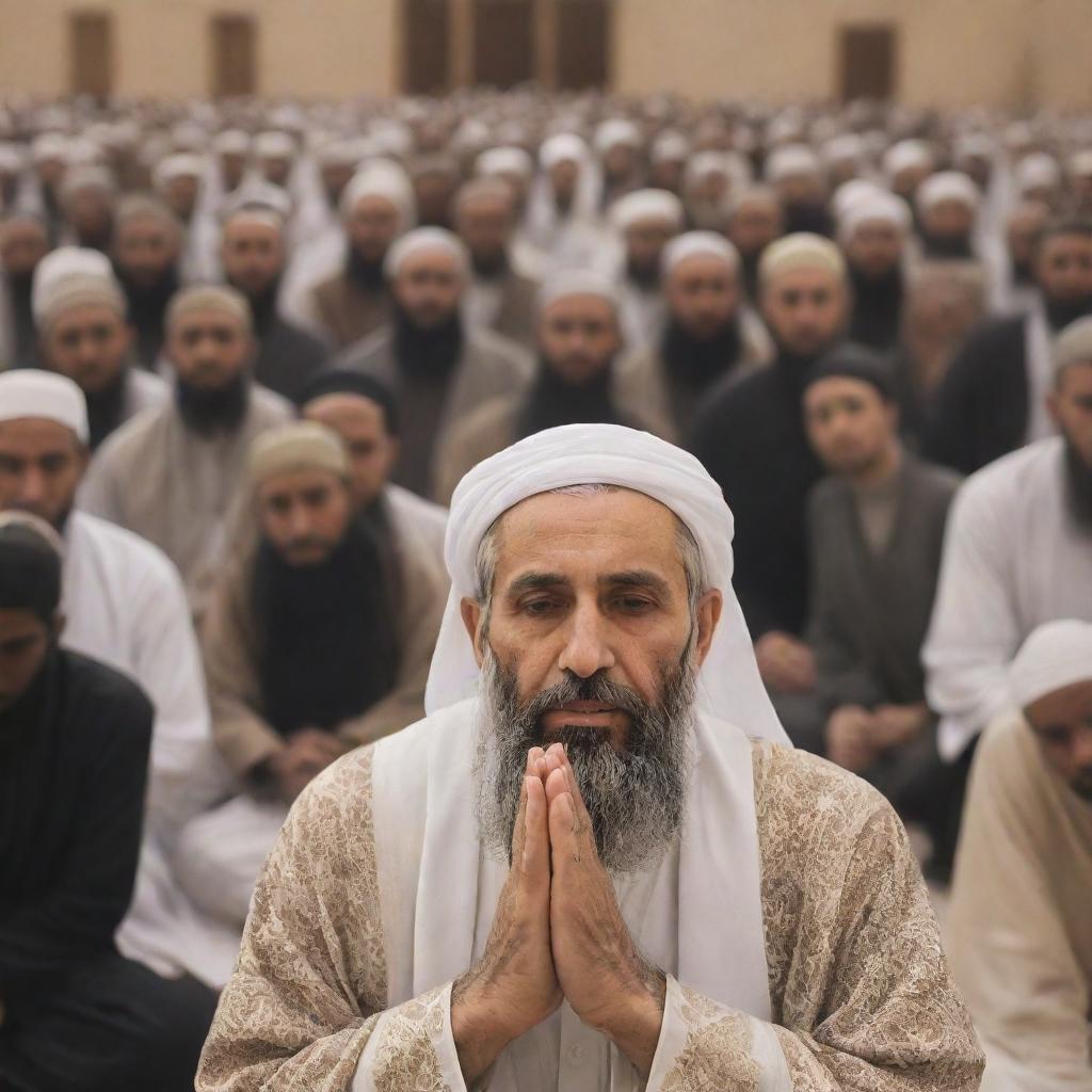 Generate an image of Prophet Isa leading a group of Muslims in prayer, symbolizing unity, leadership, and faith in the face of disruption.