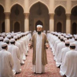 Generate an image of Prophet Isa leading a group of Muslims in prayer, symbolizing unity, leadership, and faith in the face of disruption.