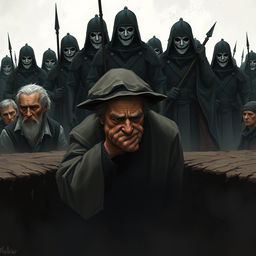 An elderly man, his face obscured by the brim of a worn hat, desperately attempts to stifle his weeping, reflecting deep anguish and despair