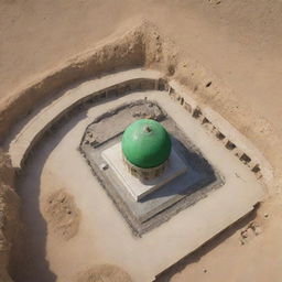 Generate an image of the burial site of Prophet Isa, located next to the tomb of Prophet Muhammad, symbolizing a moment of peace, reverence, and conclusion to a significant chapter.