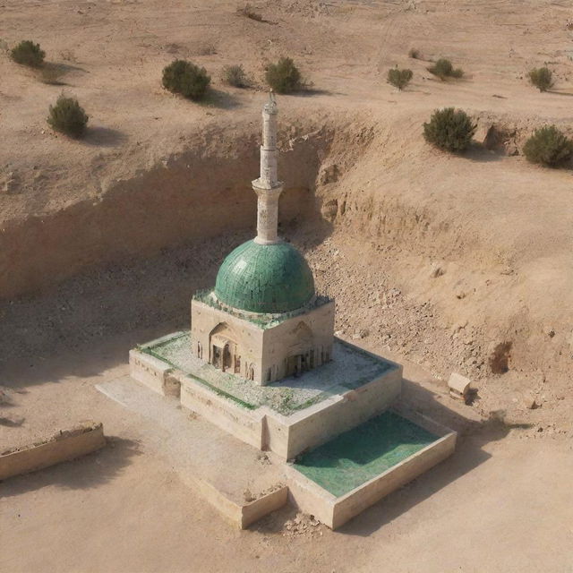 Generate an image of the burial site of Prophet Isa, located next to the tomb of Prophet Muhammad, symbolizing a moment of peace, reverence, and conclusion to a significant chapter.