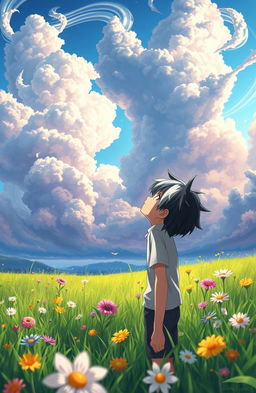 A fantasy landscape featuring a boy with striking black and white hair, gazing up at the sky filled with swirling mystical clouds