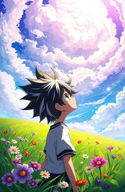 A fantasy landscape featuring a boy with striking black and white hair, gazing up at the sky filled with swirling mystical clouds