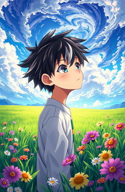 A fantasy landscape featuring a boy with striking black and white hair, gazing up at the sky filled with swirling mystical clouds