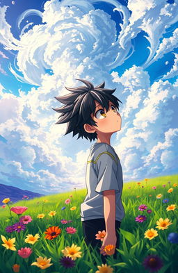 A fantasy landscape featuring a boy with striking black and white hair, gazing up at the sky filled with swirling mystical clouds