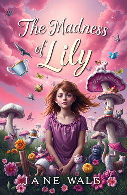 A whimsical and surreal book cover design for 'The Madness of Lily', featuring a playful and enchanting scene