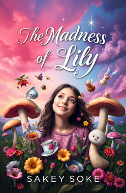 A whimsical and surreal book cover design for 'The Madness of Lily', featuring a playful and enchanting scene