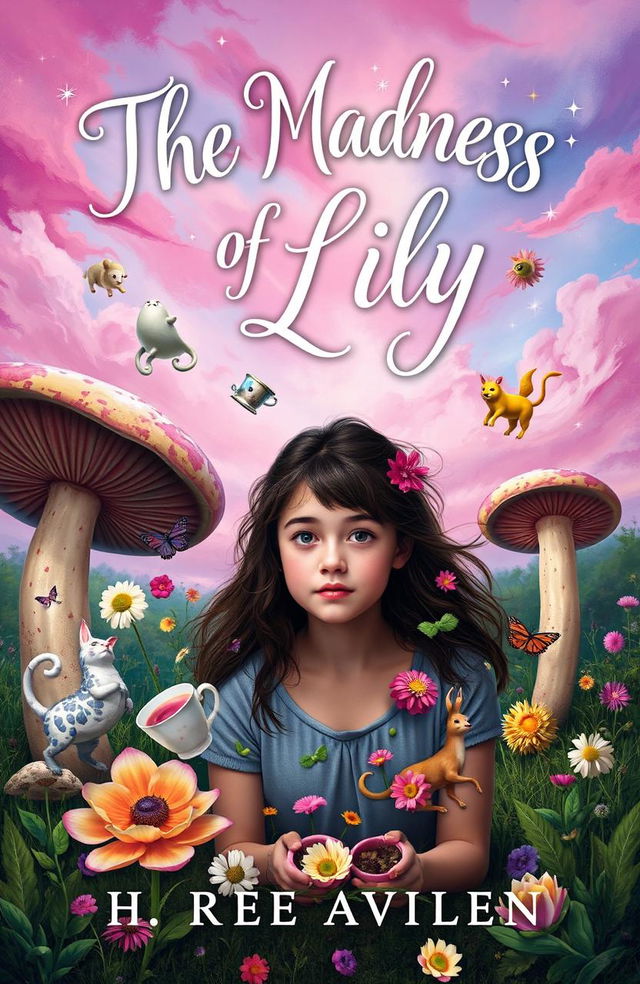 A whimsical and surreal book cover design for 'The Madness of Lily', featuring a playful and enchanting scene