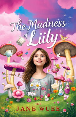 A whimsical and surreal book cover design for 'The Madness of Lily', featuring a playful and enchanting scene