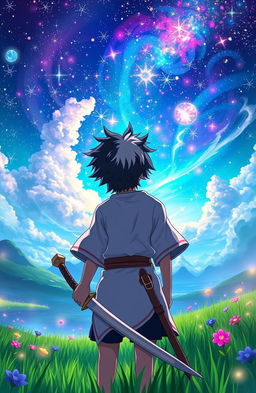 In a vibrant, mystical fantasy world, a young boy with striking black and white hair stands in a lush green field