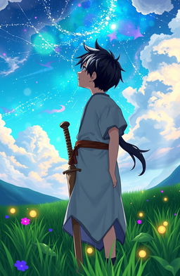 In a vibrant, mystical fantasy world, a young boy with striking black and white hair stands in a lush green field