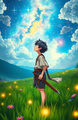 In a vibrant, mystical fantasy world, a young boy with striking black and white hair stands in a lush green field