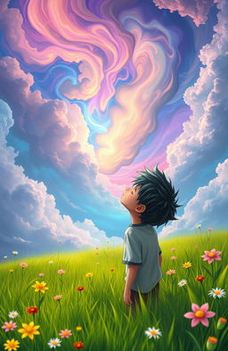 A fantasy world where a boy with striking black and white hair stands in a lush green field, gazing up at a vibrant sky filled with swirling colors and magical hues