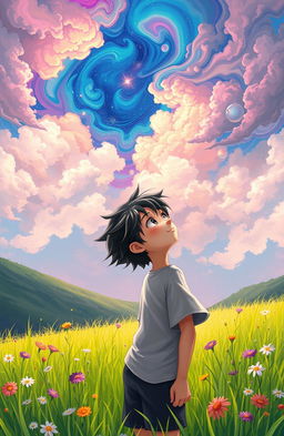 A fantasy world where a boy with striking black and white hair stands in a lush green field, gazing up at a vibrant sky filled with swirling colors and magical hues