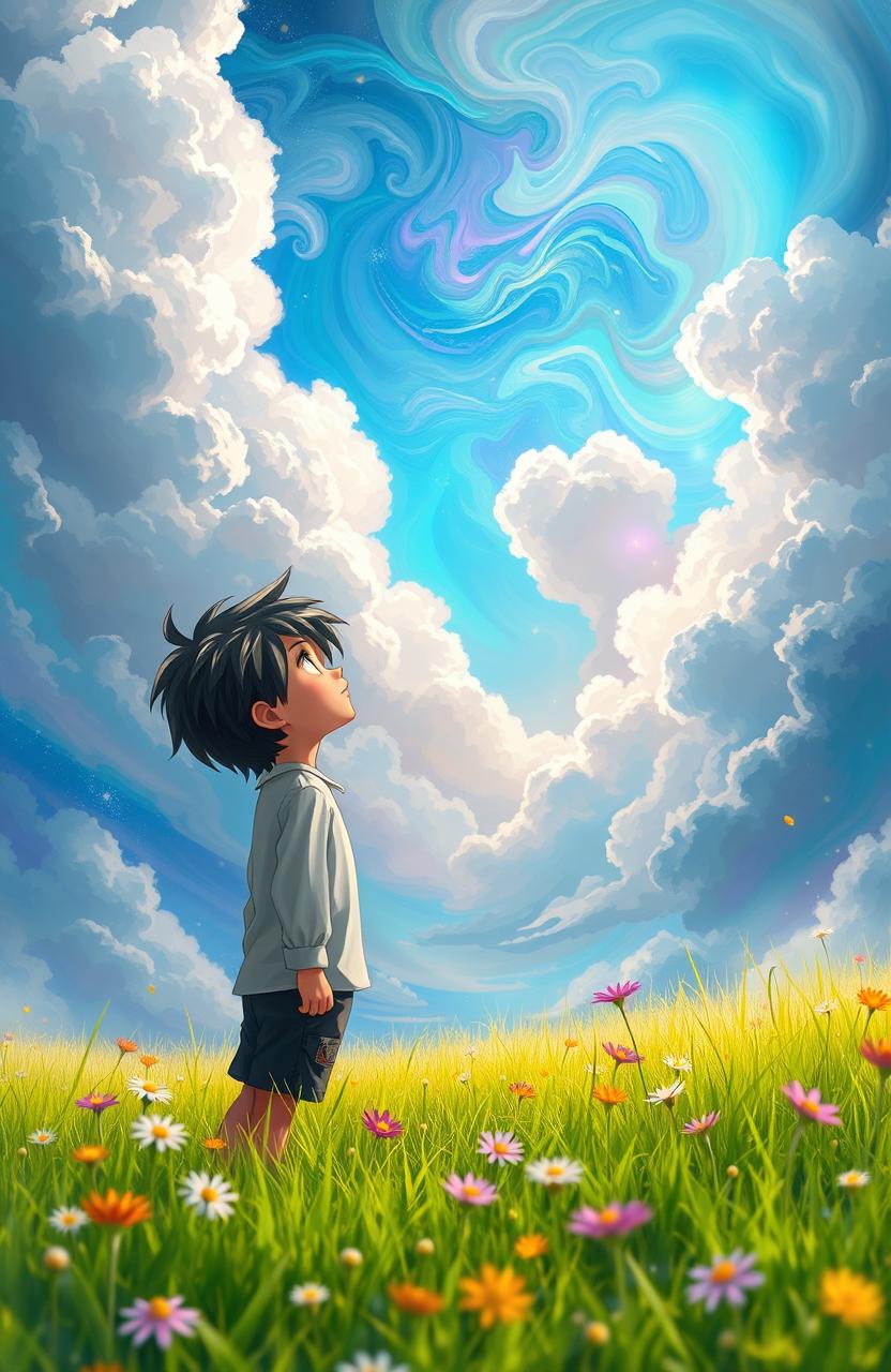 A fantasy world where a boy with striking black and white hair stands in a lush green field, gazing up at a vibrant sky filled with swirling colors and magical hues