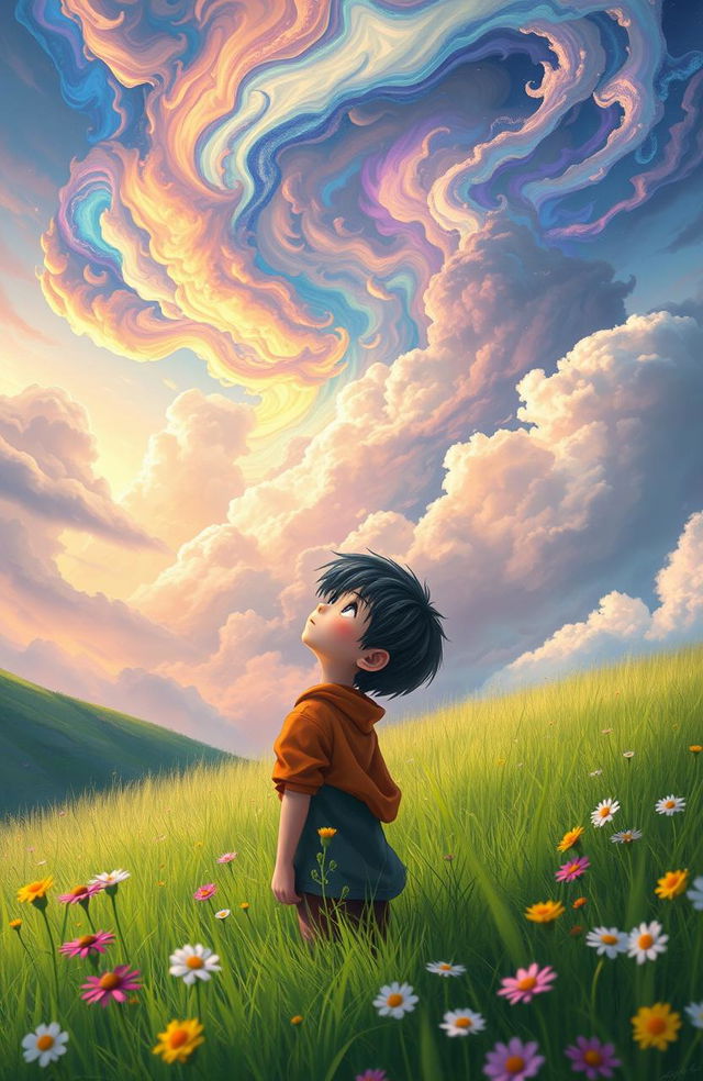 A fantasy world where a boy with striking black and white hair stands in a lush green field, gazing up at a vibrant sky filled with swirling colors and magical hues