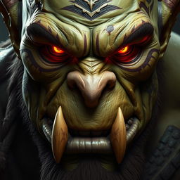 A close-up portrait of an orc with a rugged, chiseled face, showcasing prominent tusks protruding from a wide mouth