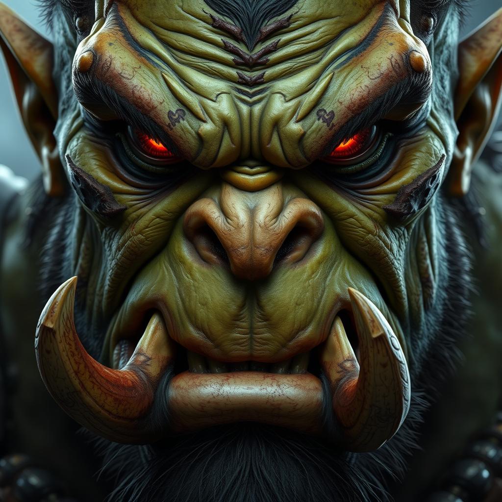 A close-up portrait of an orc with a rugged, chiseled face, showcasing prominent tusks protruding from a wide mouth