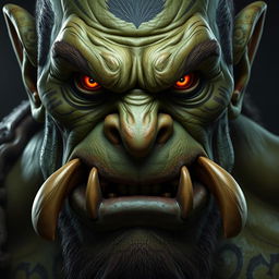 A close-up portrait of an orc with a rugged, chiseled face, showcasing prominent tusks protruding from a wide mouth