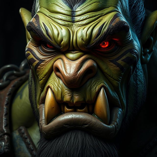 A close-up portrait of an orc with a rugged, chiseled face, showcasing prominent tusks protruding from a wide mouth