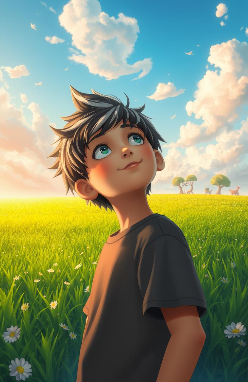 A boy with striking black and white hair gazing up at the sky, surrounded by a lush, green field that stretches endlessly