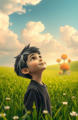 A boy with striking black and white hair gazing up at the sky, surrounded by a lush, green field that stretches endlessly