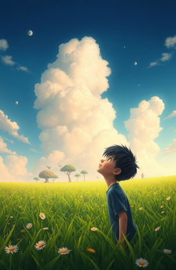 A boy with striking black and white hair gazing up at the sky, surrounded by a lush, green field that stretches endlessly