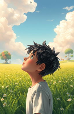 A boy with striking black and white hair gazing up at the sky, surrounded by a lush, green field that stretches endlessly