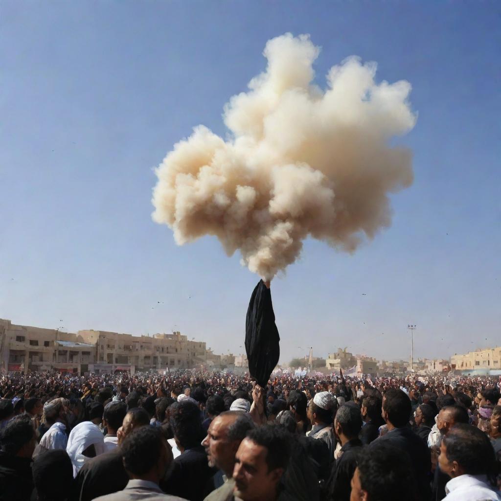 Generate an image of a gentle wind originating from Yemen, blowing over the crowd of mourners, bringing with it a sense of peace and tranquility.