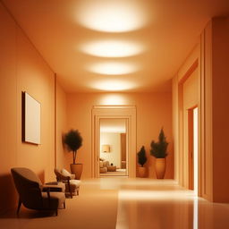 Display a room interior showcasing elegance and simplicity. The design should feature minimalist furniture, a soothing color palette, and smart use of lighting.